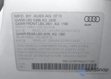 2014 Audi Q5 2.0T Premium из США, поврежденный, VIN WA1LFAFP6EA027284